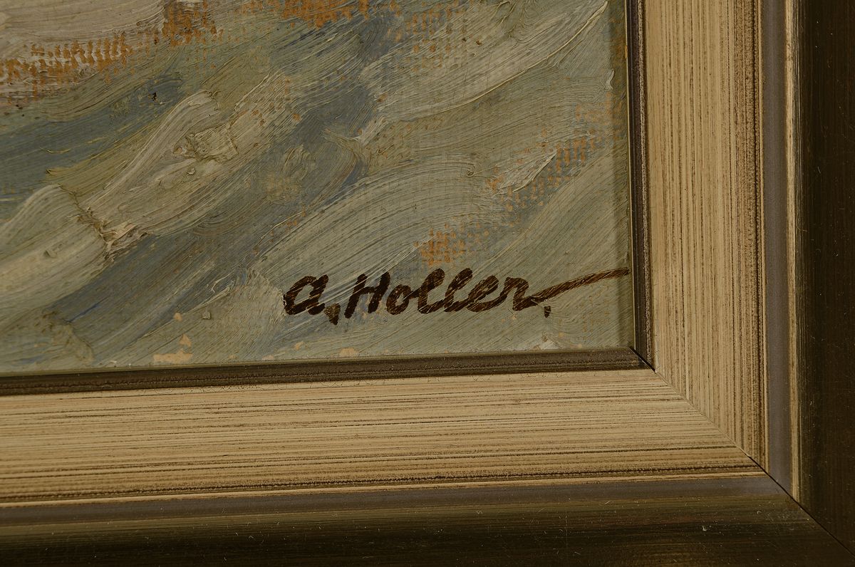 Detail a: Alfred Holler, geb. 1888 in Krefeld - 1954 in Eupen, Ausbildung in der Kunstakademie Düsseldorf, winterliche Stadtansicht, Öl/Platte, mehrere ...