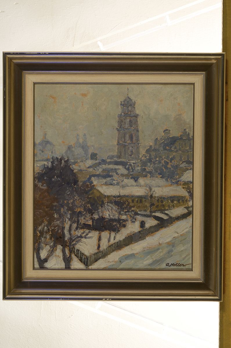 Detail k: Alfred Holler, geb. 1888 in Krefeld - 1954 in Eupen, Ausbildung in der Kunstakademie Düsseldorf, winterliche Stadtansicht, Öl/Platte, mehrere ...