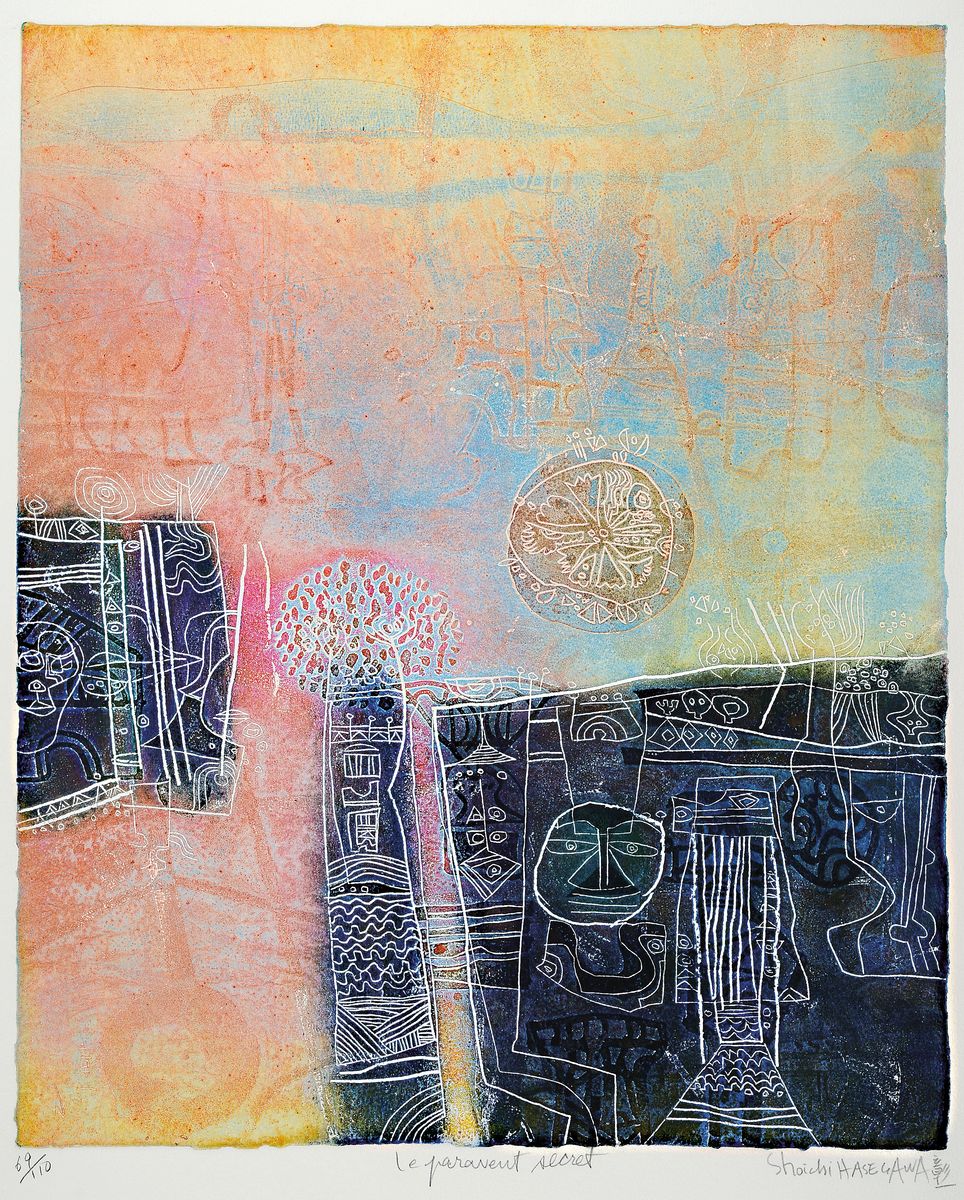 Shoichi Hasegawa, geb. 1929, "Le paravent secret", Farbradierung, num. 69/110, sign., ca. 57x75 cm
