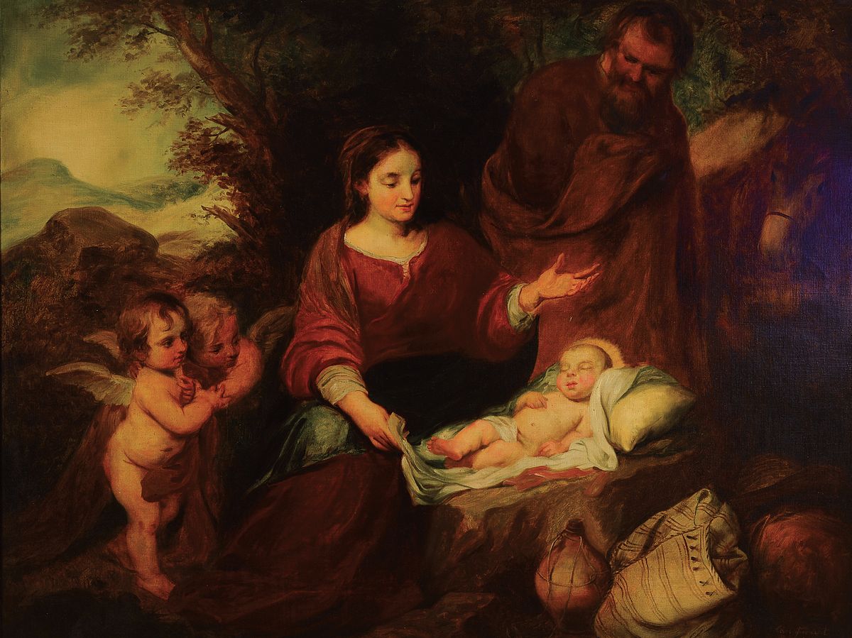 Carl Faust, 1874 - 1935, Ruhe auf der Flucht nach Ägypten, die Heilige Familie von Bartholome Esteban Murillo, qualitätvolle Kopie datiert 1923, ...