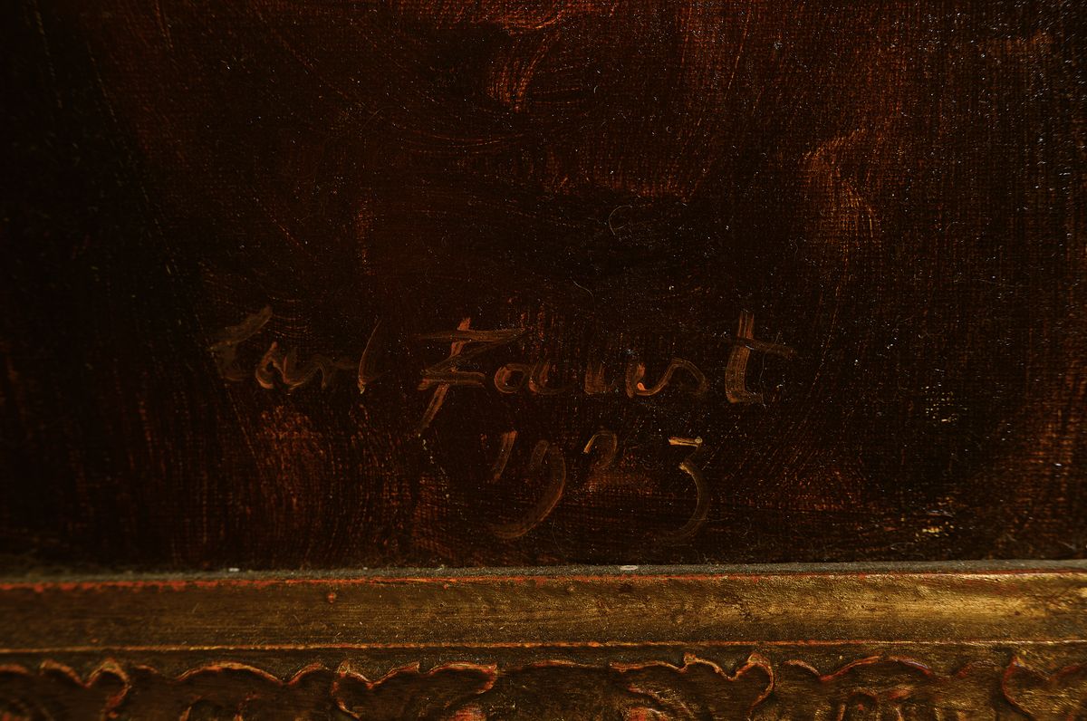 Detail a: Carl Faust, 1874 - 1935, Ruhe auf der Flucht nach Ägypten, die Heilige Familie von Bartholome Esteban Murillo, qualitätvolle Kopie datiert 1923, ...