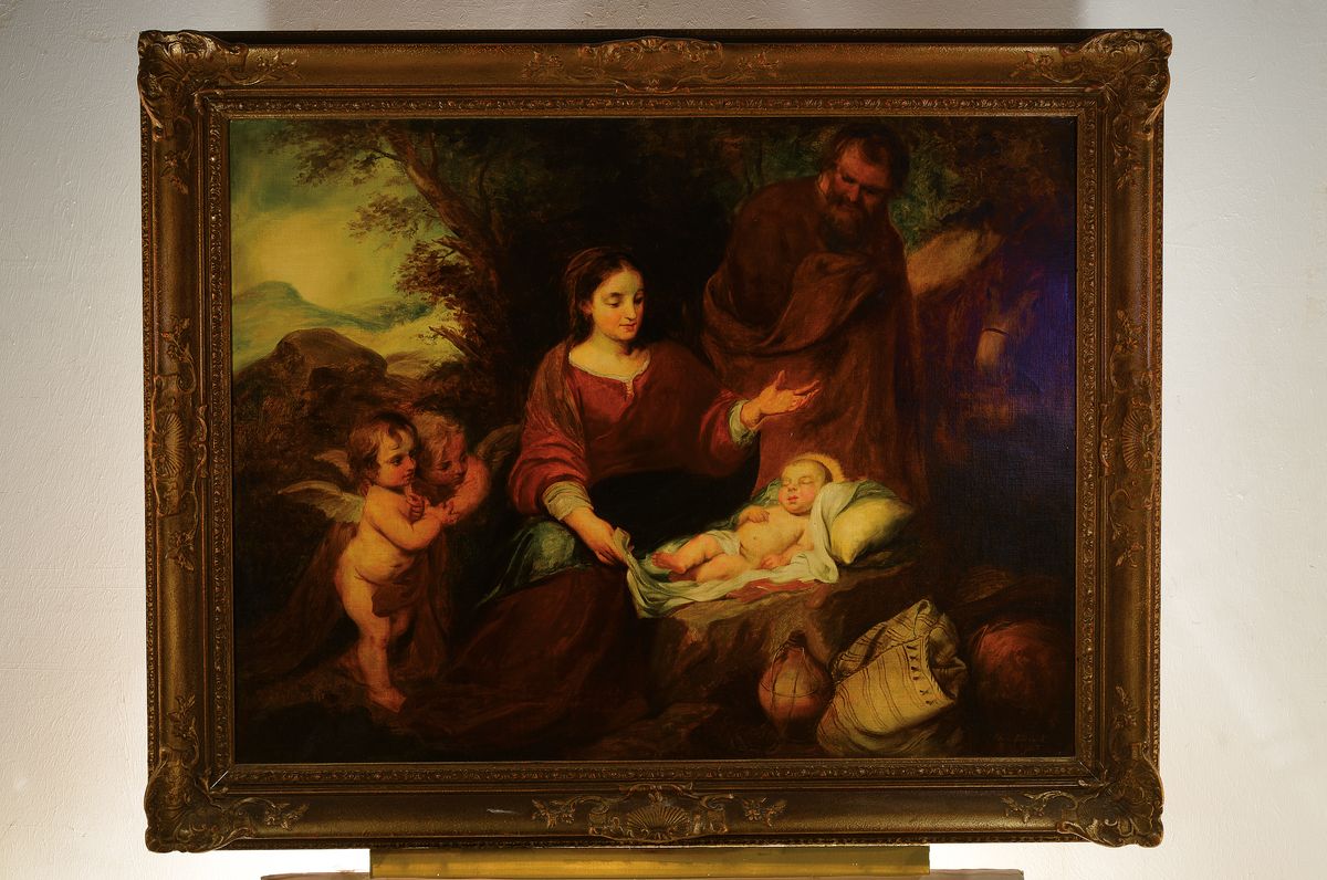 Detail k: Carl Faust, 1874 - 1935, Ruhe auf der Flucht nach Ägypten, die Heilige Familie von Bartholome Esteban Murillo, qualitätvolle Kopie datiert 1923, ...