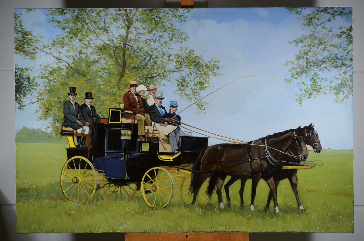Detail k: Igor Kopylkov, russischer Maler aus St. Petersburg, tätig in Baden-Baden, Ausfahrt mit der Kutsche, Öl/Lwd, re. u. signiert und dat. 2015, 90 x 135 ...