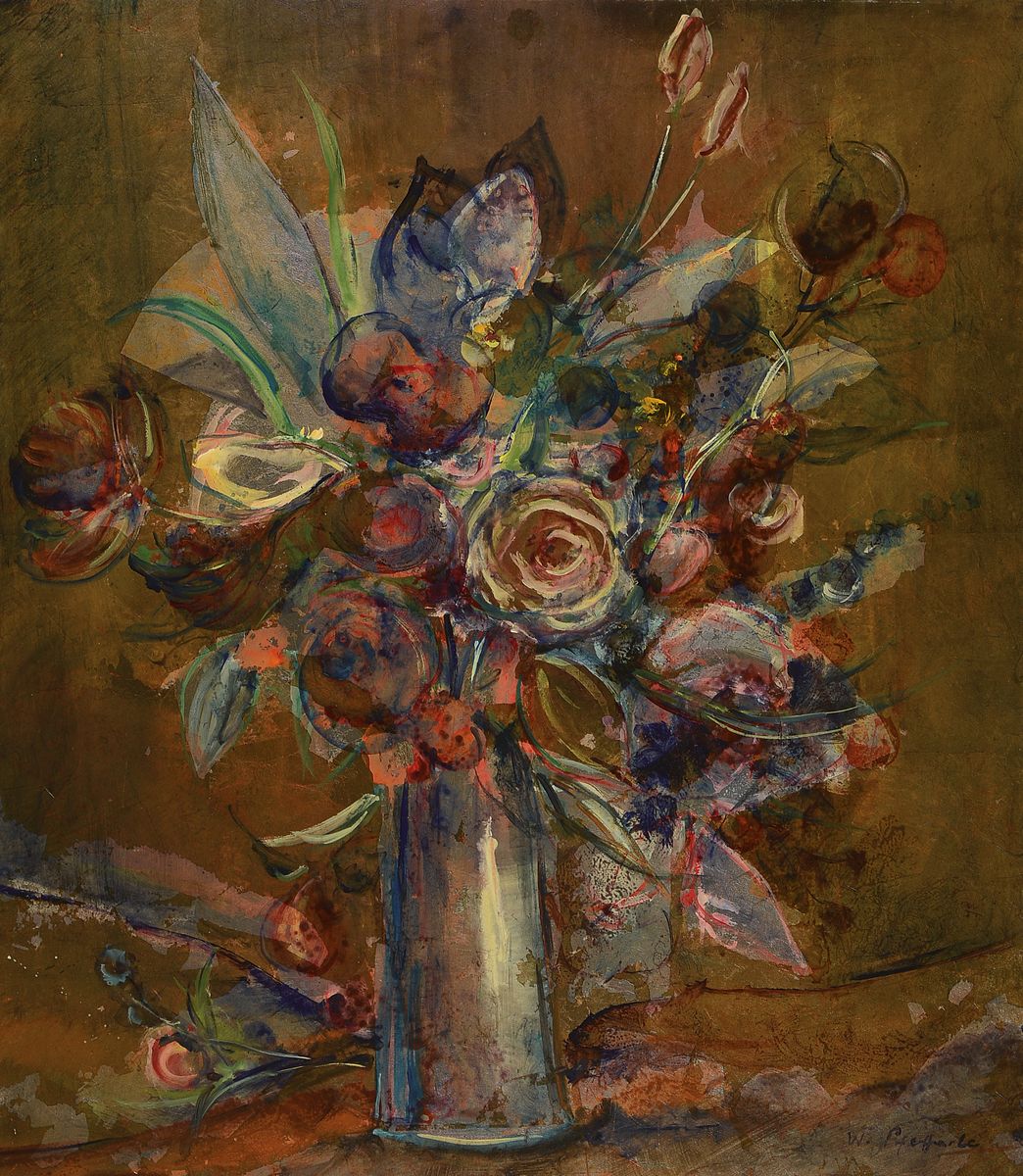Willi Pfefferle, 1914 München - 2004, Acryl/Mischtechnik auf Platte, Stillleben, z.T. Gold- und Silbergrundig, signiert, ca. 80 x 70 cm, R.