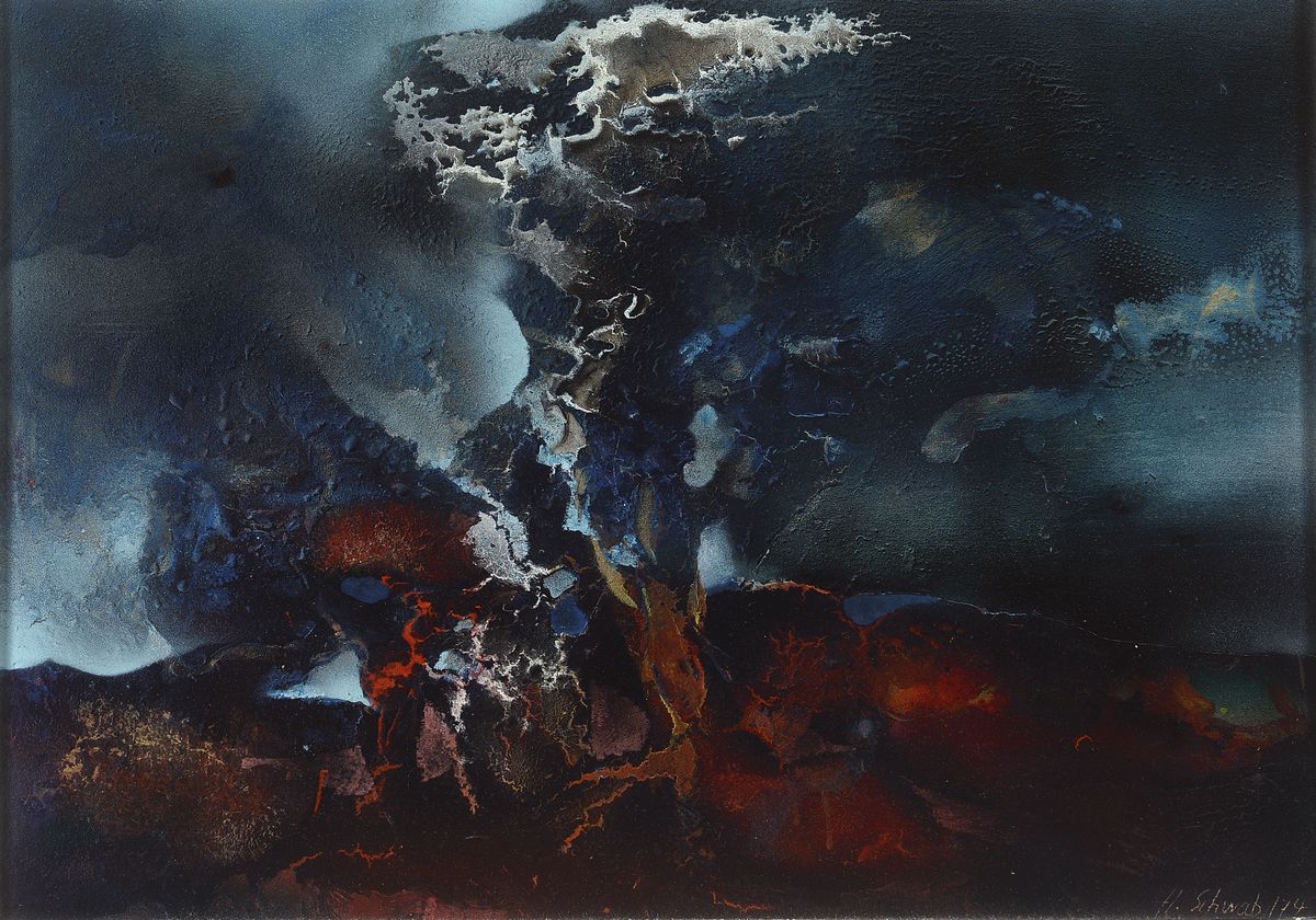 Horst Schwab, 1935 Kirchheimbolanden - 2017 Kusel, Visionäre Landschaft, Werk für den Pfalzpreis 1974, Mischtechnik, signiert, 60 x 86 cm, Rahmen
