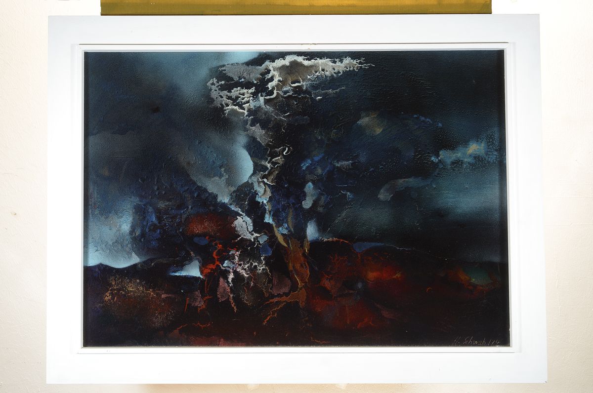Detail k: Horst Schwab, 1935 Kirchheimbolanden - 2017 Kusel, Visionäre Landschaft, Werk für den Pfalzpreis 1974, Mischtechnik, signiert, 60 x 86 cm, Rahmen