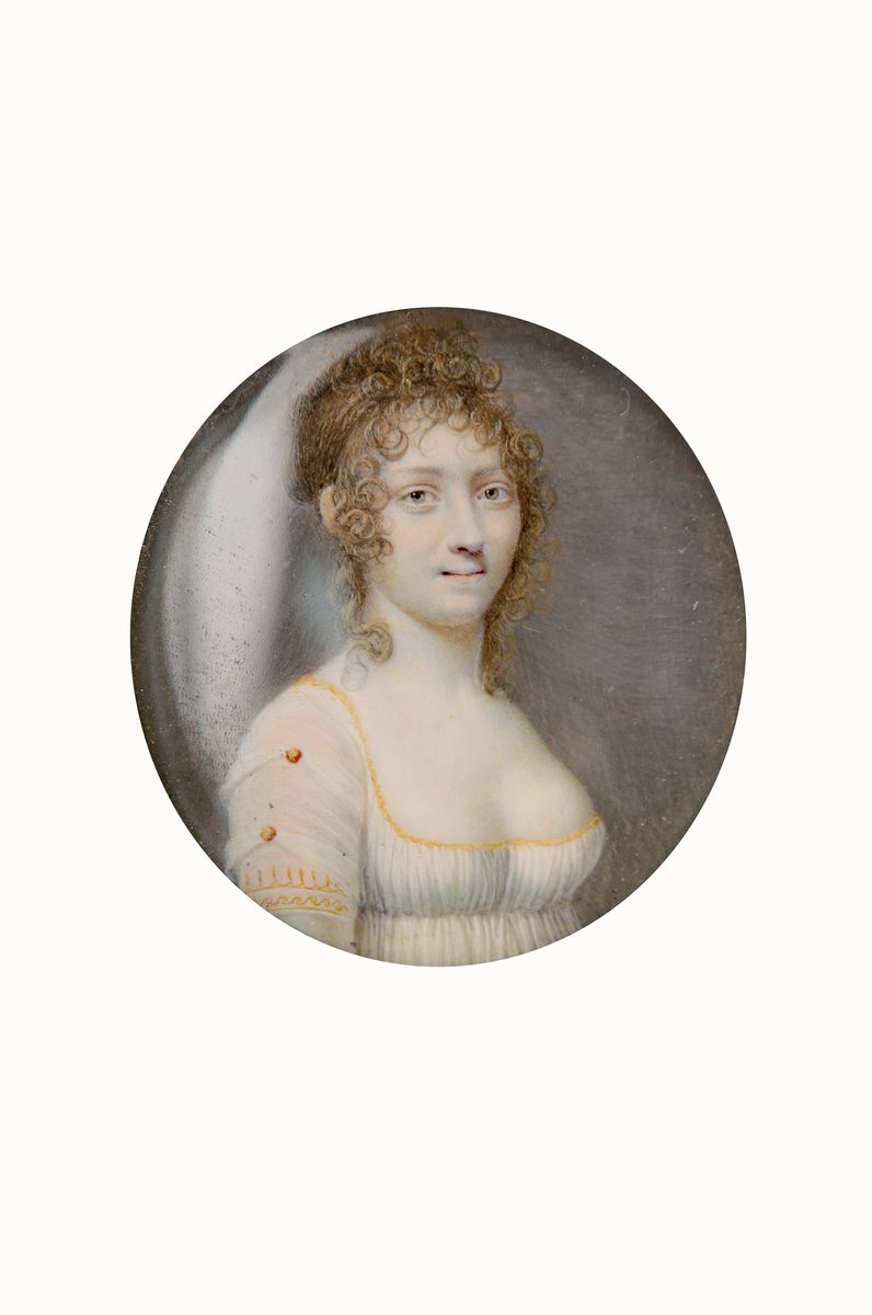 Miniaturmalerei, Frankreich, um 1810, Porträt einer jungen Frau im Empirekleid, Gouache auf Elfenbein, rund, D. ca. 5.3cm, u.Gl., R., Versand nur ...
