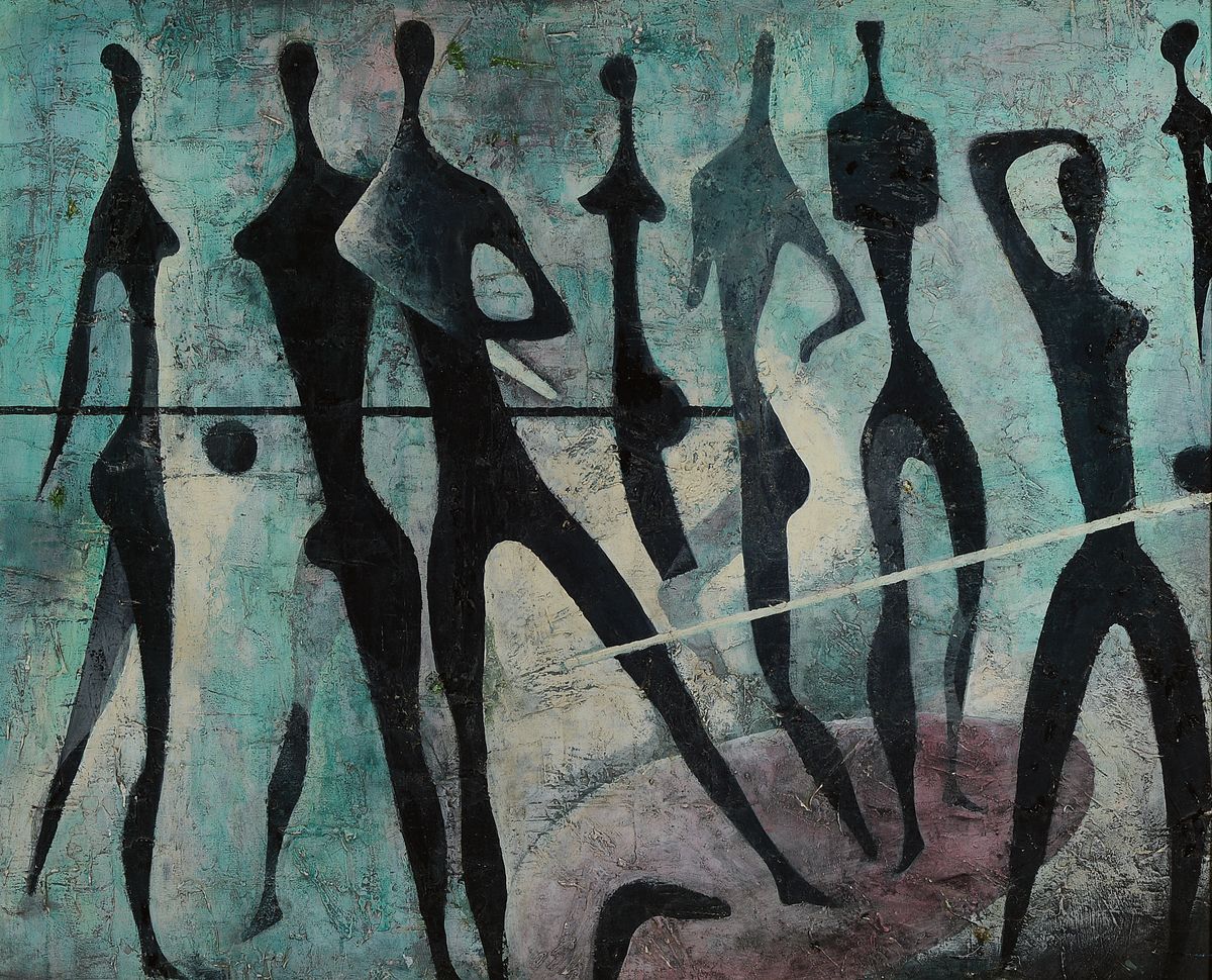 Hanns Joachim Gestering, 1911 Wunsiedel - 1992 Forstel, tanzende Akte mit Kugeln, Öl/Platte, unsigniert, ca. 65 x 80 cm, Rahmen: 78 x 93 cm