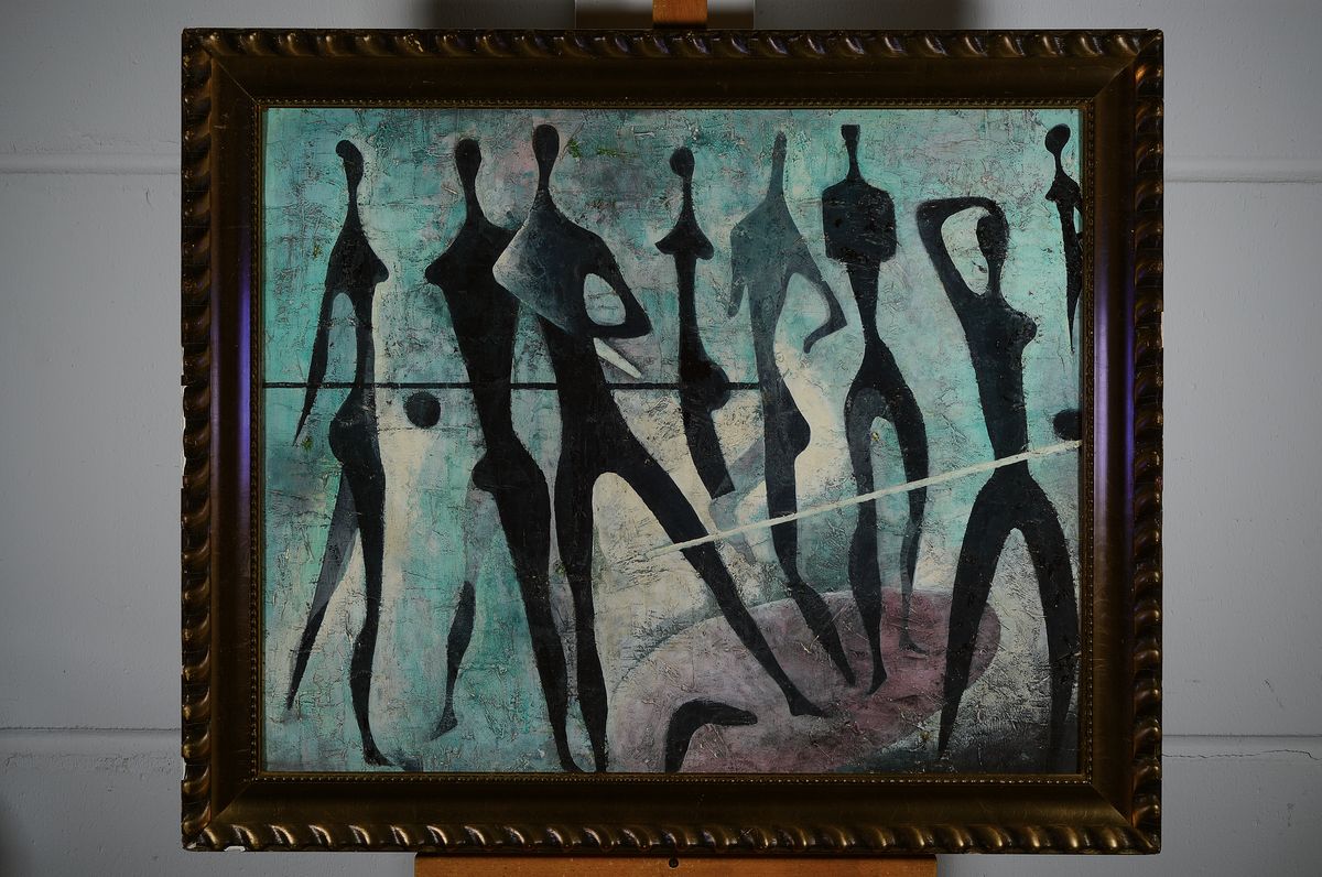Detail k: Hanns Joachim Gestering, 1911 Wunsiedel - 1992 Forstel, tanzende Akte mit Kugeln, Öl/Platte, unsigniert, ca. 65 x 80 cm, Rahmen: 78 x 93 cm