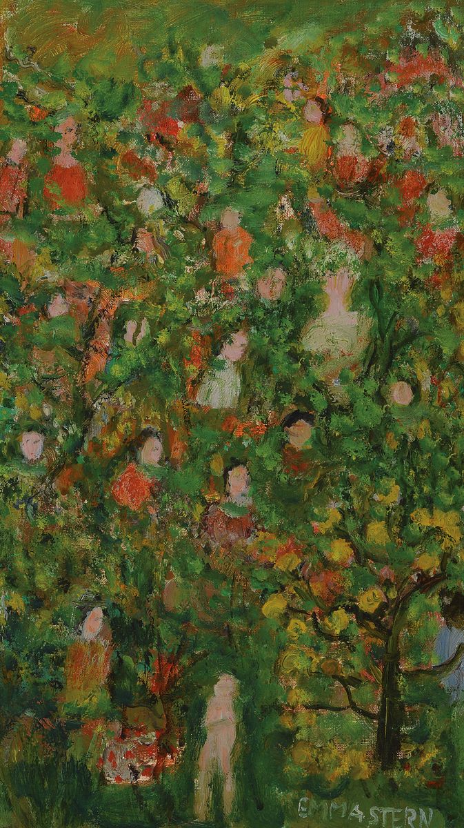 Emma Stern, 1878 St.Wendel-1970 Paris, Bäume und Figuren, Öl/Lwd, rechts unten signiert, rückseitig nochmals signiert und dat. 1962, ca. 46x27cm, ...