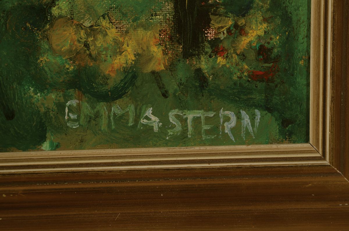 Detail a: Emma Stern, 1878 St.Wendel-1970 Paris, Bäume und Figuren, Öl/Lwd, rechts unten signiert, rückseitig nochmals signiert und dat. 1962, ca. 46x27cm, ...