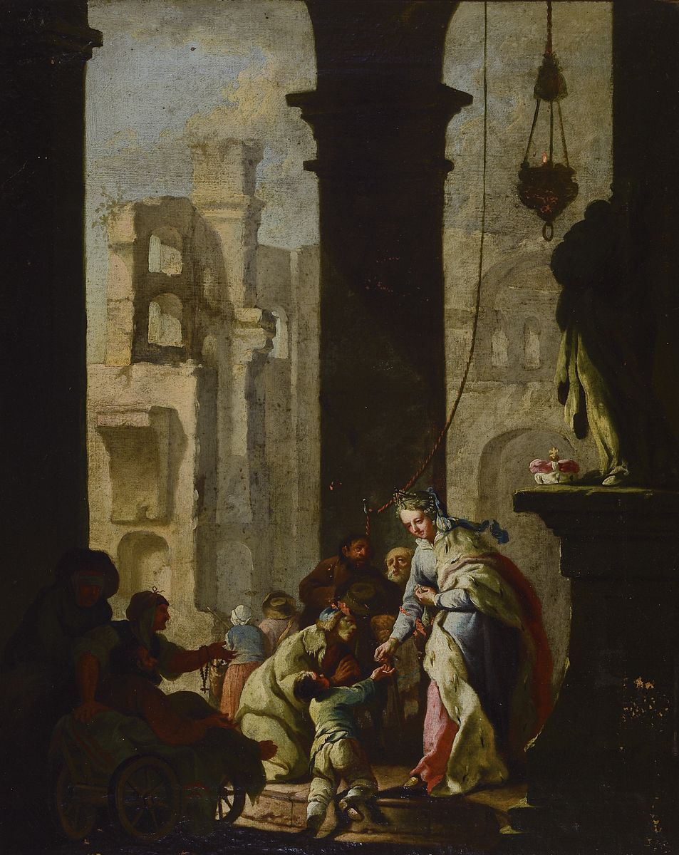 Unbekannter Meister, wohl Frankfurter Raum, um 1760, Verteilung von Almosen an die Armen, lasierende Malerei auf Leinwand, Fürstin mit Hermelin gibt ...