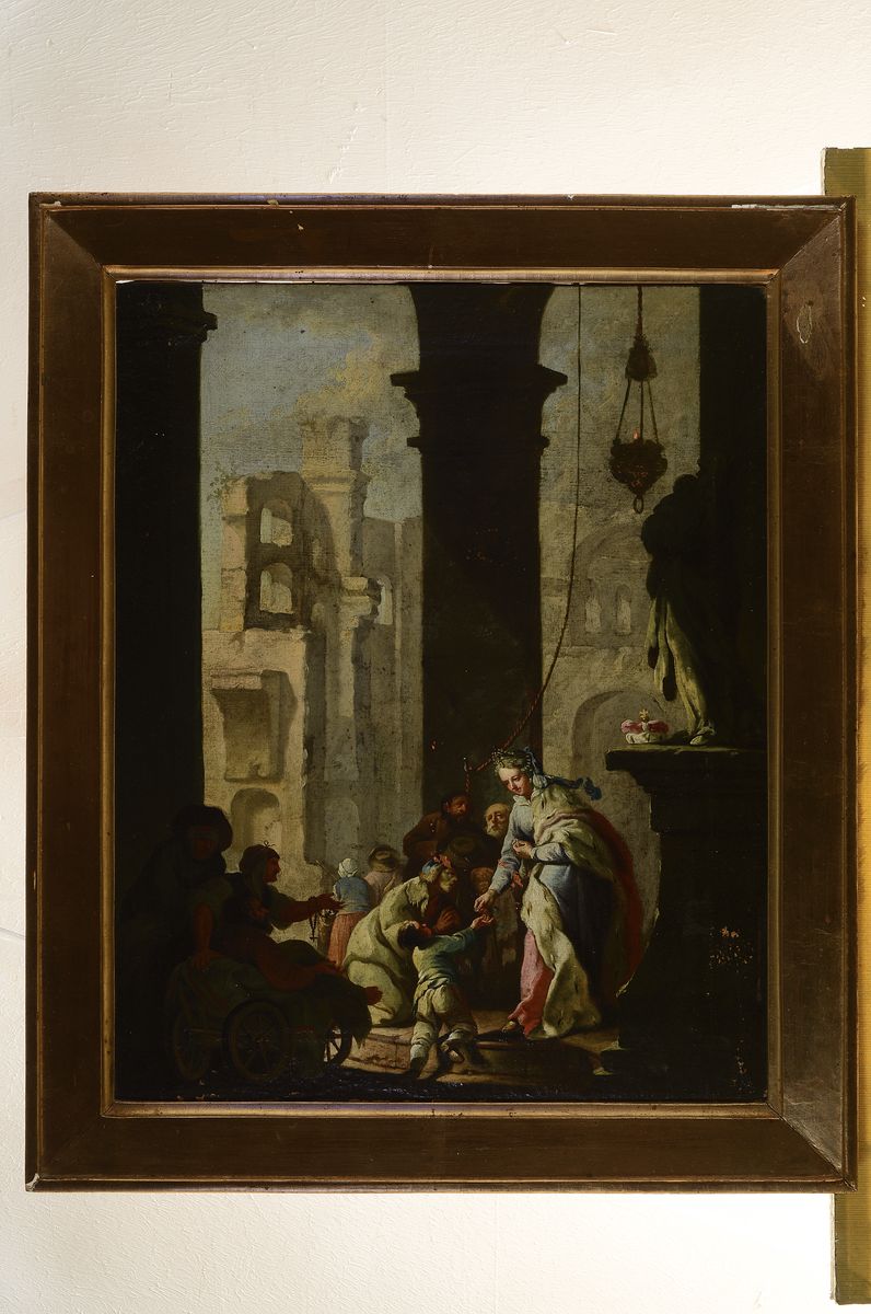 Detail k: Unbekannter Meister, wohl Frankfurter Raum, um 1760, Verteilung von Almosen an die Armen, lasierende Malerei auf Leinwand, Fürstin mit Hermelin gibt ...