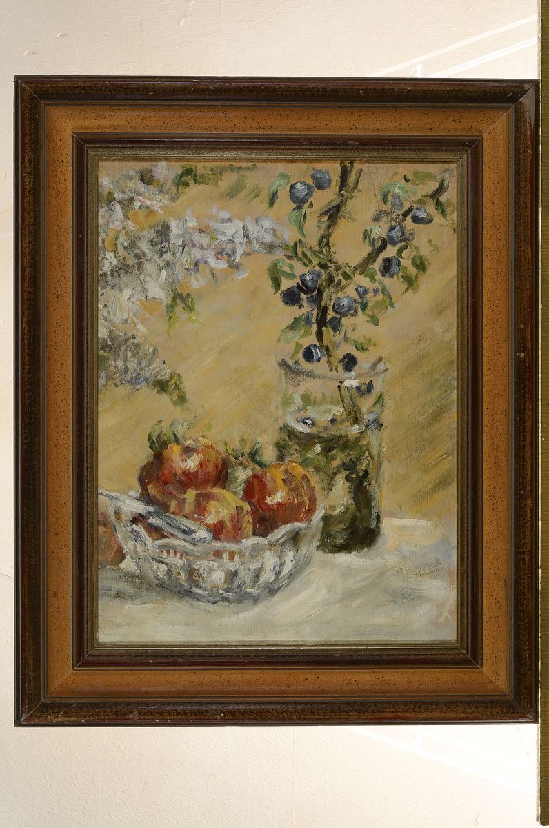 Detail k: Unbekannter Impressionist, um 1910, Stillleben mit Zweig und Obstschale, Öl/ Malkarton, in der Art des Lovis Corinth, ca. 46x34cm, R. ca. 60x49cm