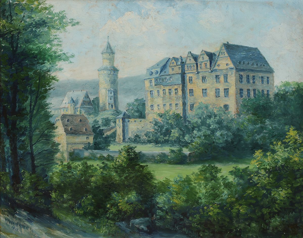 Karl Weierter, geb. 1868 Idstein, Blick auf Schloß Idstein im Taunus, Öl/Malkarton, links unten signiert und dat. 1911, ca. 40x51cm, R. ca. 54x65cm