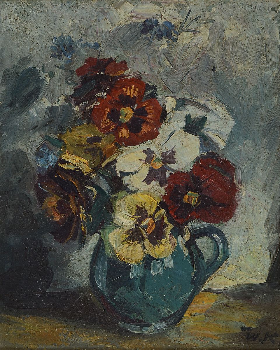 Wilhelm Kehrer, 1892 Hanau-1960 Reutlingen, Stillleben mit Blumen in blauem Krug, Öl/ Malkarton, rechts unten monogr., rückseitig signiert, ca. ...