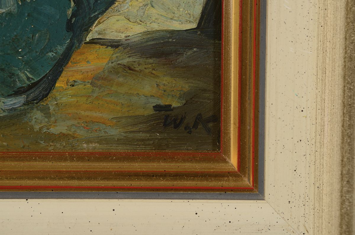 Detail a: Wilhelm Kehrer, 1892 Hanau-1960 Reutlingen, Stillleben mit Blumen in blauem Krug, Öl/ Malkarton, rechts unten monogr., rückseitig signiert, ca. ...