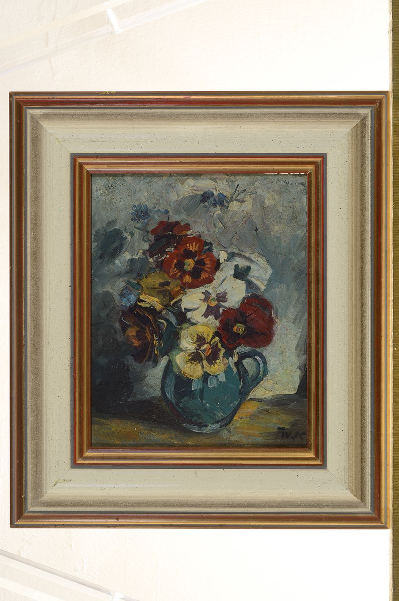 Detail k: Wilhelm Kehrer, 1892 Hanau-1960 Reutlingen, Stillleben mit Blumen in blauem Krug, Öl/ Malkarton, rechts unten monogr., rückseitig signiert, ca. ...