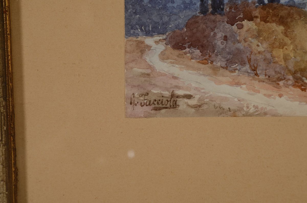 Detail a: Gaetano Facciola, 1868-1949, Landschaft mit Pinie und Zypressen, Aquarell auf Papier, links unten signiert, ca. 12x21cm, u.Gl., R. ca. 26.5x33.5cm
