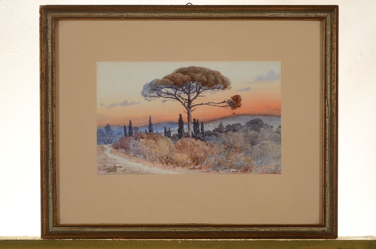 Detail k: Gaetano Facciola, 1868-1949, Landschaft mit Pinie und Zypressen, Aquarell auf Papier, links unten signiert, ca. 12x21cm, u.Gl., R. ca. 26.5x33.5cm