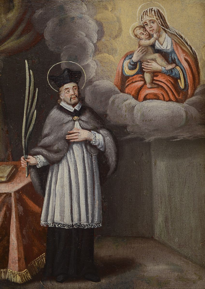 Andachtsbild, süddeutsch, um 1780, Hl. Augustinus unter dem Gnadenbild von Maria mit dem Jesuskind, Öl/Lwd/Holz, ca. 55x40cm, R. ca. 62x45cm