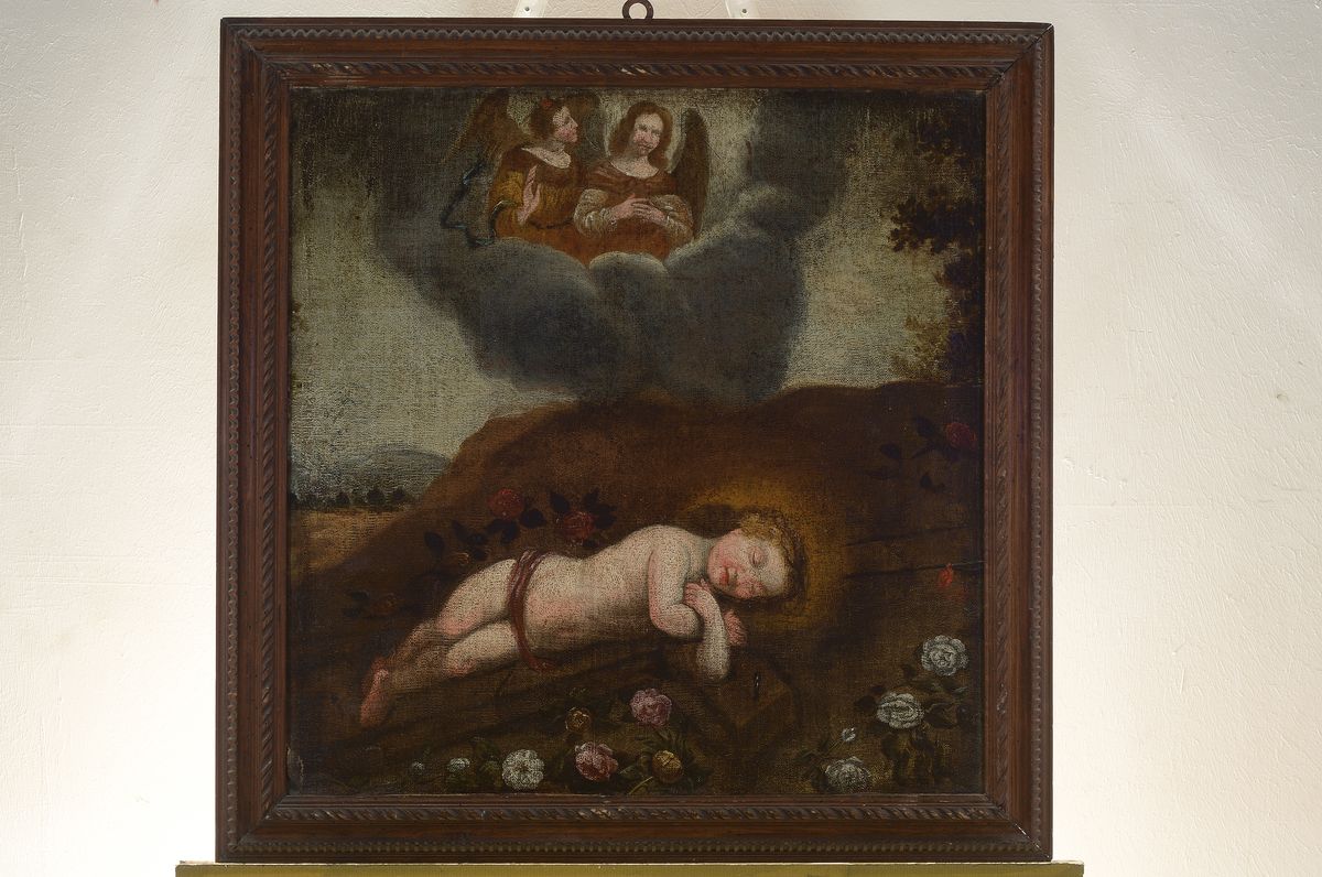 Detail k: Andachtsbild, süddeutsch, 2. Hälfte 18. Jh.,schlafendes Kind inmitten von Rosen, behütet von zwei Engeln im Himmel, Öl/Lwd, rest., doubl., ...