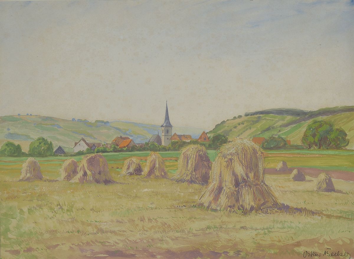 Oskar Becker, 1898-1982, Feld nach der Getreideernte, im Hintergrund ein Dorf, Aquarell auf Papier, leicht fleckig, rechts unten signiert, ca. ...