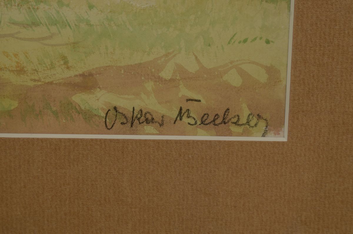 Detail a: Oskar Becker, 1898-1982, Feld nach der Getreideernte, im Hintergrund ein Dorf, Aquarell auf Papier, leicht fleckig, rechts unten signiert, ca. ...