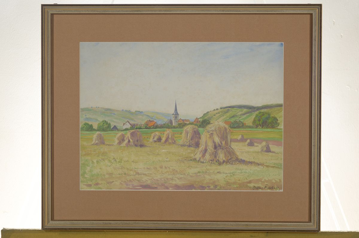 Detail k: Oskar Becker, 1898-1982, Feld nach der Getreideernte, im Hintergrund ein Dorf, Aquarell auf Papier, leicht fleckig, rechts unten signiert, ca. ...