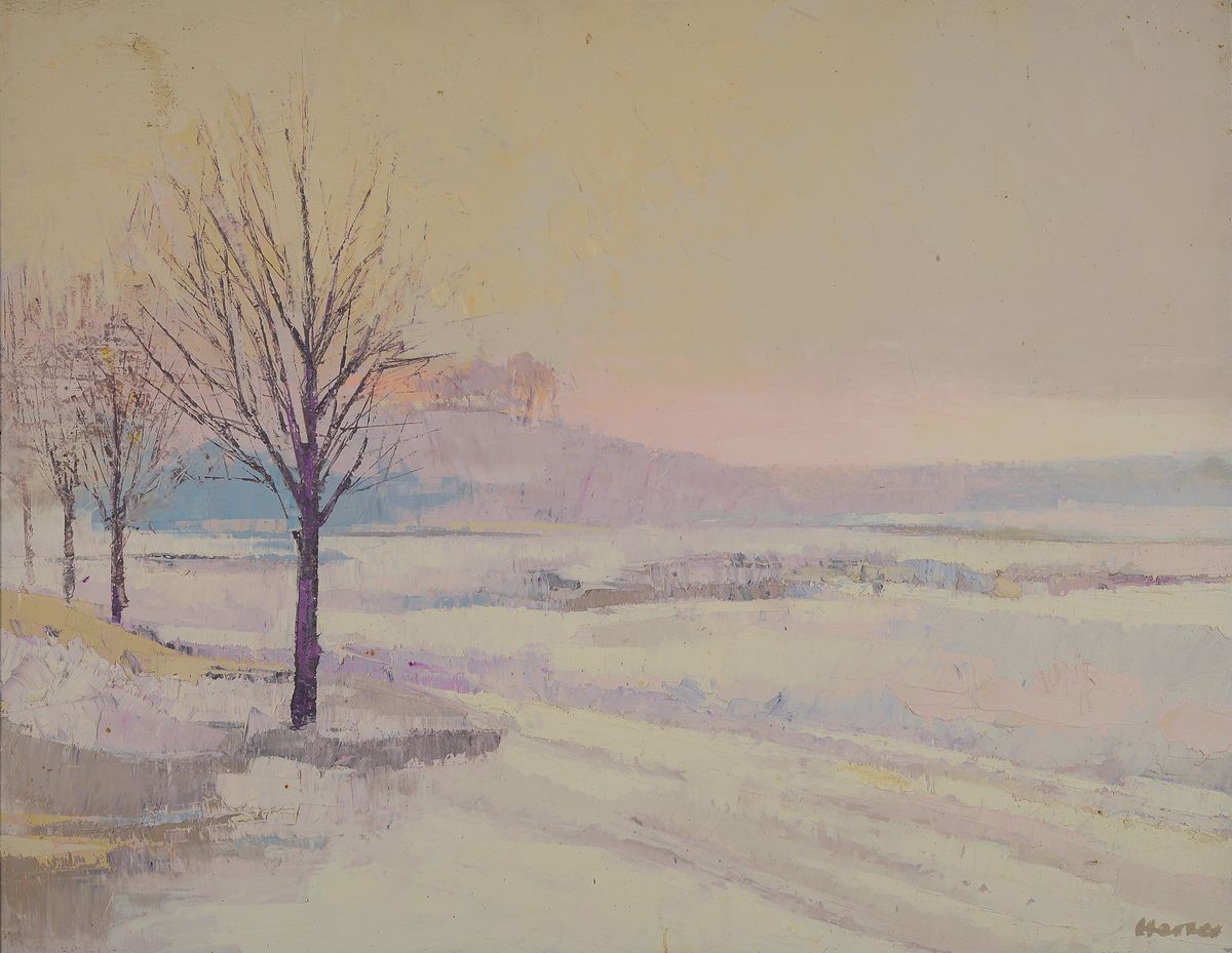 Otto Herter, 1924-2000, norddeutscher Maler und Grafiker, Verschneite Winterlandschaft in violetter Abendsonne, Öl/Malkarton, rechts unten signiert, ...