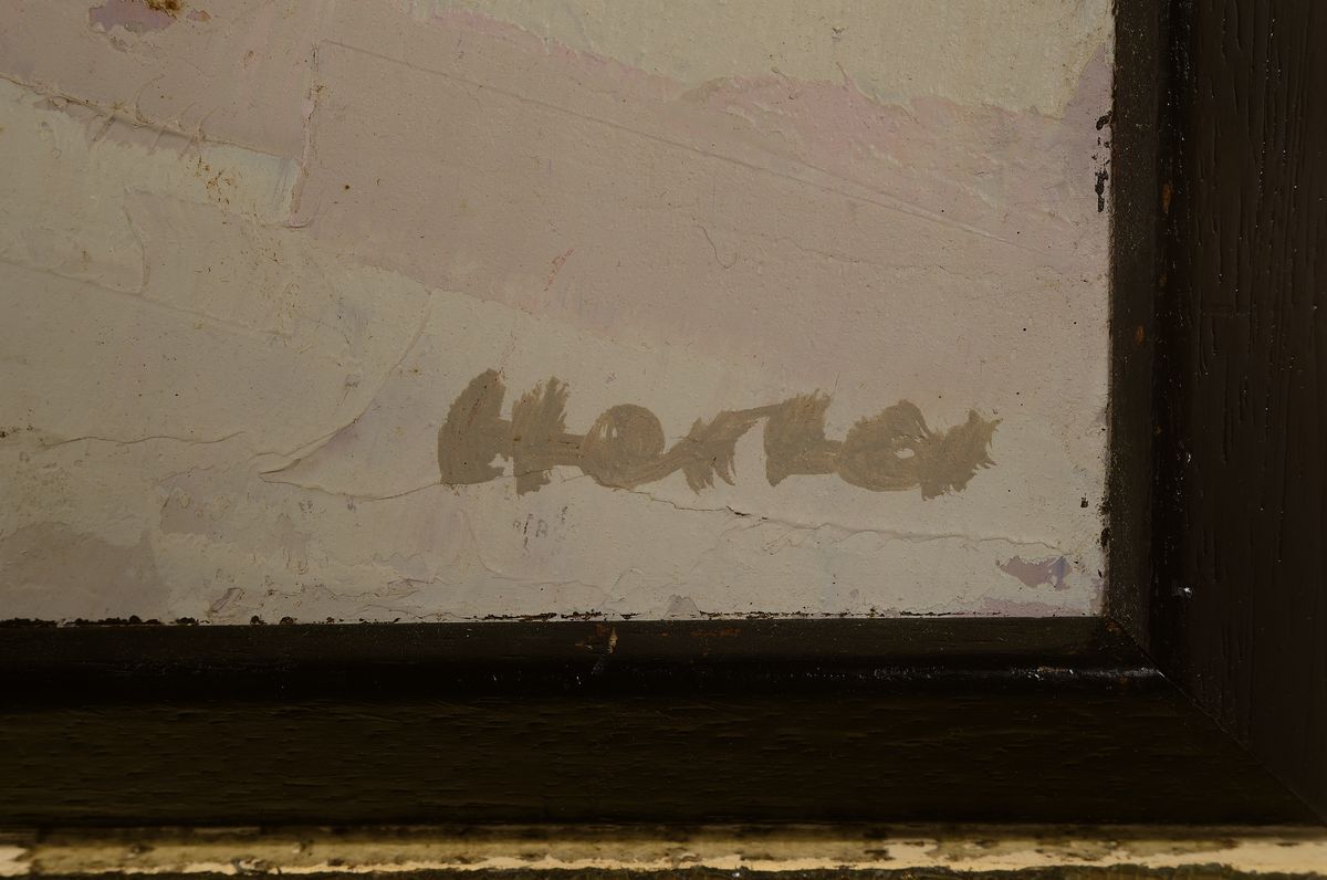 Detail a: Otto Herter, 1924-2000, norddeutscher Maler und Grafiker, Verschneite Winterlandschaft in violetter Abendsonne, Öl/Malkarton, rechts unten signiert, ...