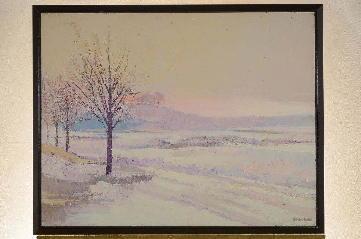Detail k: Otto Herter, 1924-2000, norddeutscher Maler und Grafiker, Verschneite Winterlandschaft in violetter Abendsonne, Öl/Malkarton, rechts unten signiert, ...