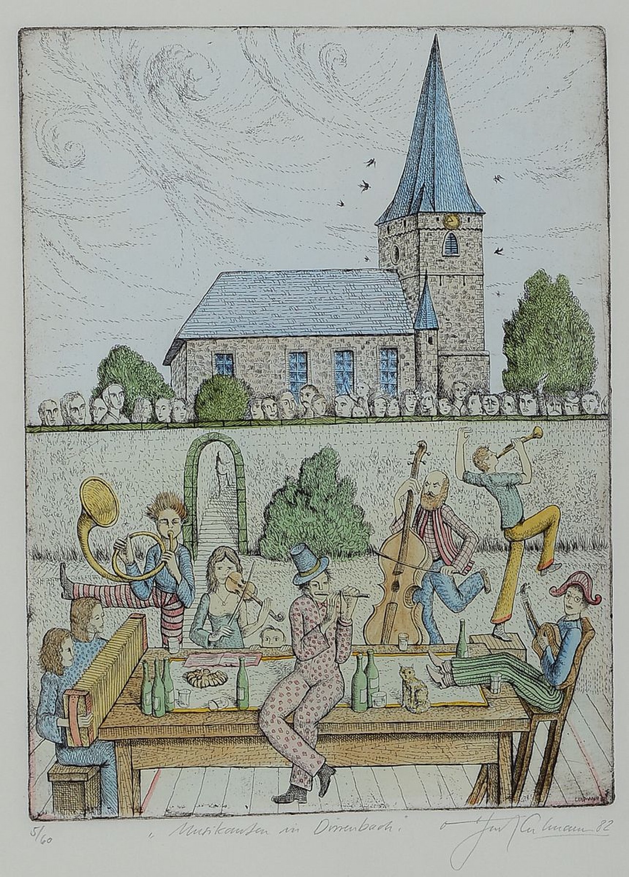 Detail b: Otfried H. Culmann, geb. 1949 Billigheim, bekannter pfälzer Maler und Grafiker, Vertreter des phantastischen Realismus, hier: 2 Farbradierungen, ...
