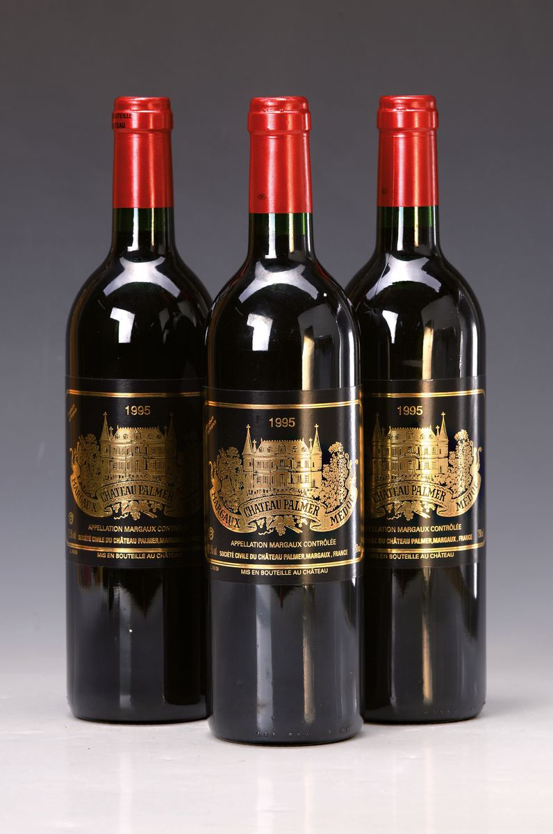 3 Flaschen 1995 Chateau Palmer, Margaux, je ca. 75 c, 12,5% Vol., Füllstände: je ca. into neck, unverkostet, sehr gute Erhaltungsstände, sehr ...