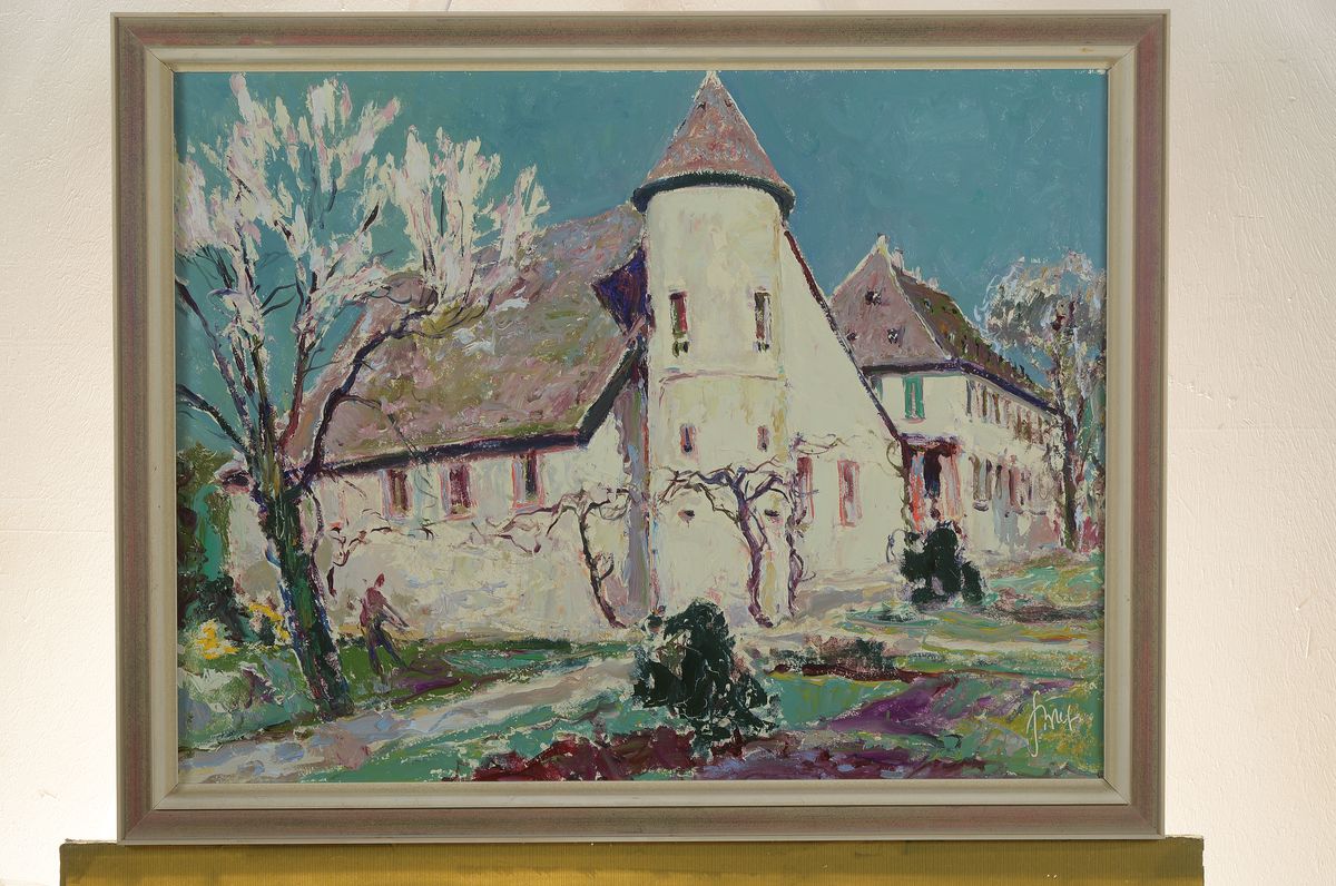 Detail k: Karl Graf, 1902-1986 Speyer, Blick auf ein Gebäude und blühende Bäume, Öl/Hartfaser, rechts unten signiert, ca. 50x65cm, R.
