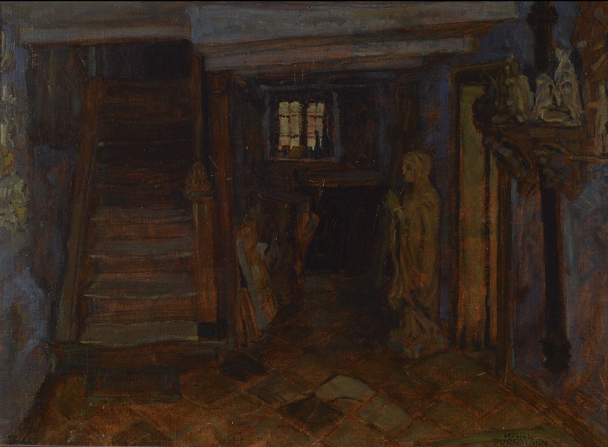 Karl Purrmann, 1877 Speyer - 1966 Stuttgart, Interieur mit Treppenaufgang und Heiligenfiguren, Ton in Ton gemalt, mystischer Raum mit Anspielungen ...