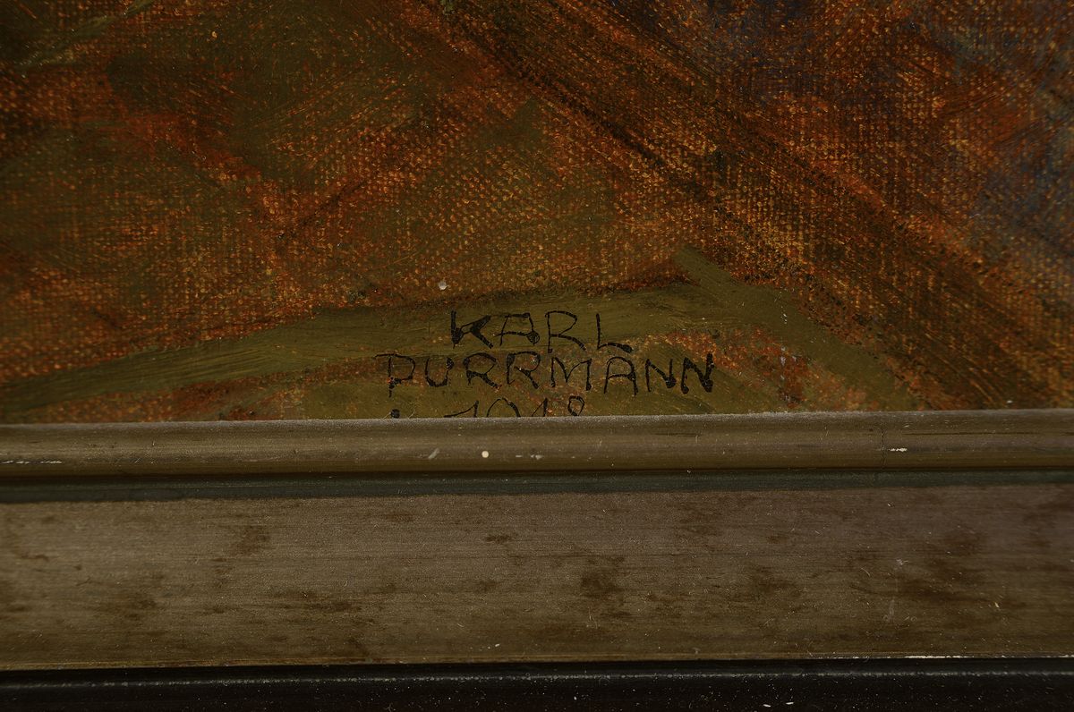 Detail a: Karl Purrmann, 1877 Speyer - 1966 Stuttgart, Interieur mit Treppenaufgang und Heiligenfiguren, Ton in Ton gemalt, mystischer Raum mit Anspielungen ...