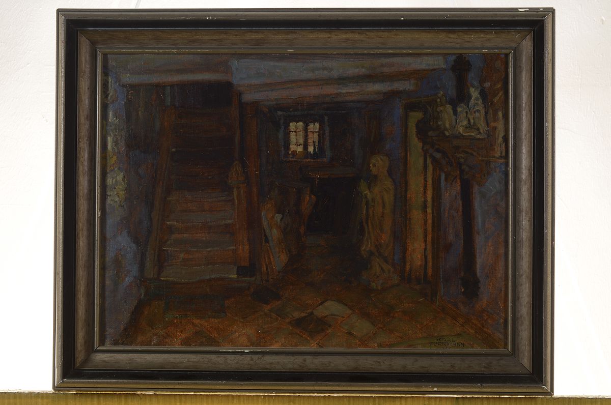Detail k: Karl Purrmann, 1877 Speyer - 1966 Stuttgart, Interieur mit Treppenaufgang und Heiligenfiguren, Ton in Ton gemalt, mystischer Raum mit Anspielungen ...
