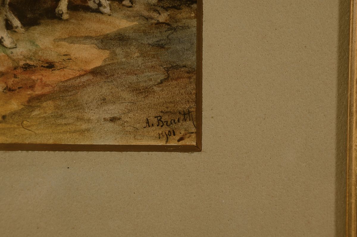 Detail a: Anton Braith, 1836 Biberach - 1926 München, Aquarell/Kohlezeichnung, zwei blökende Schafe vor der Stalltür, auf Papier meisterliche Lichtführung ...