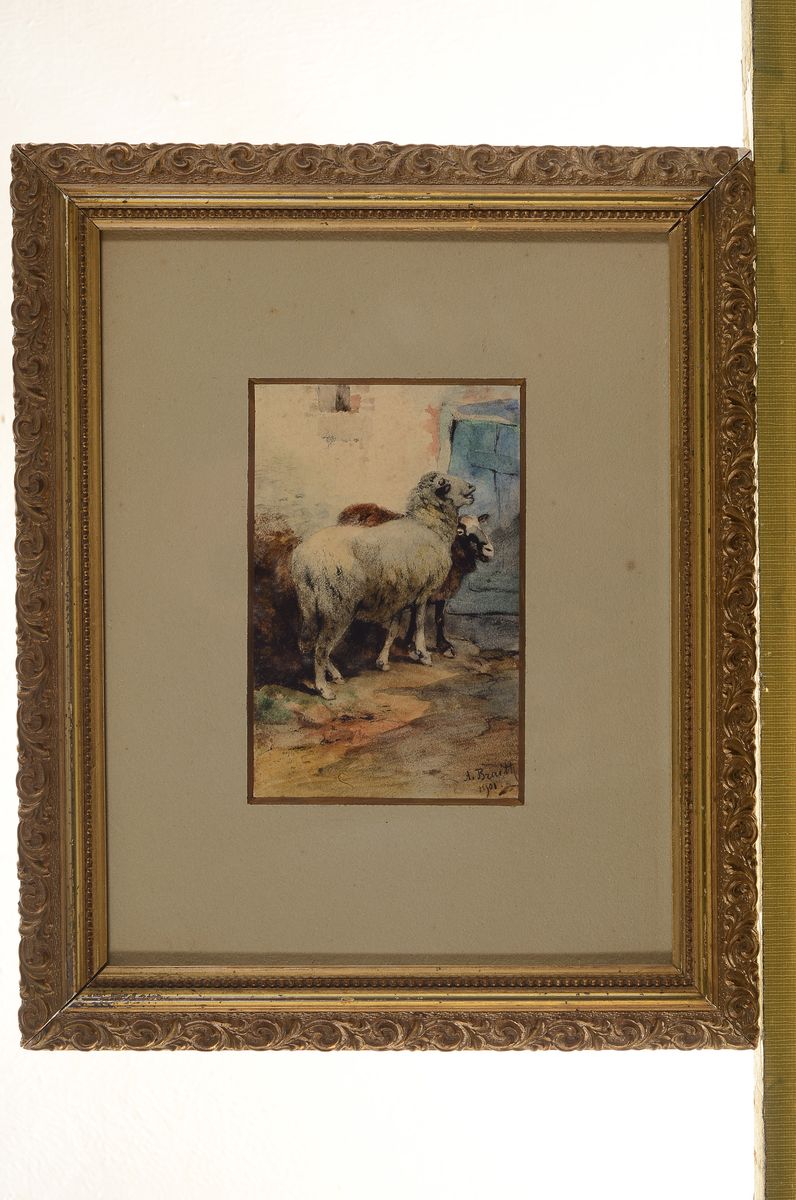 Detail k: Anton Braith, 1836 Biberach - 1926 München, Aquarell/Kohlezeichnung, zwei blökende Schafe vor der Stalltür, auf Papier meisterliche Lichtführung ...