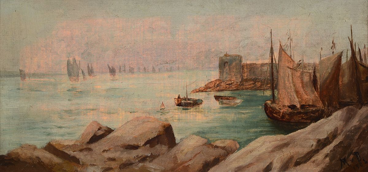 Monogrammist M.v.B., datiert 1902, Küstenlandschaft mit Fischerbooten, Öl/Lwd, rechts unten monogrammiert, ca. 18x34cm, R. ca. 27x44cm