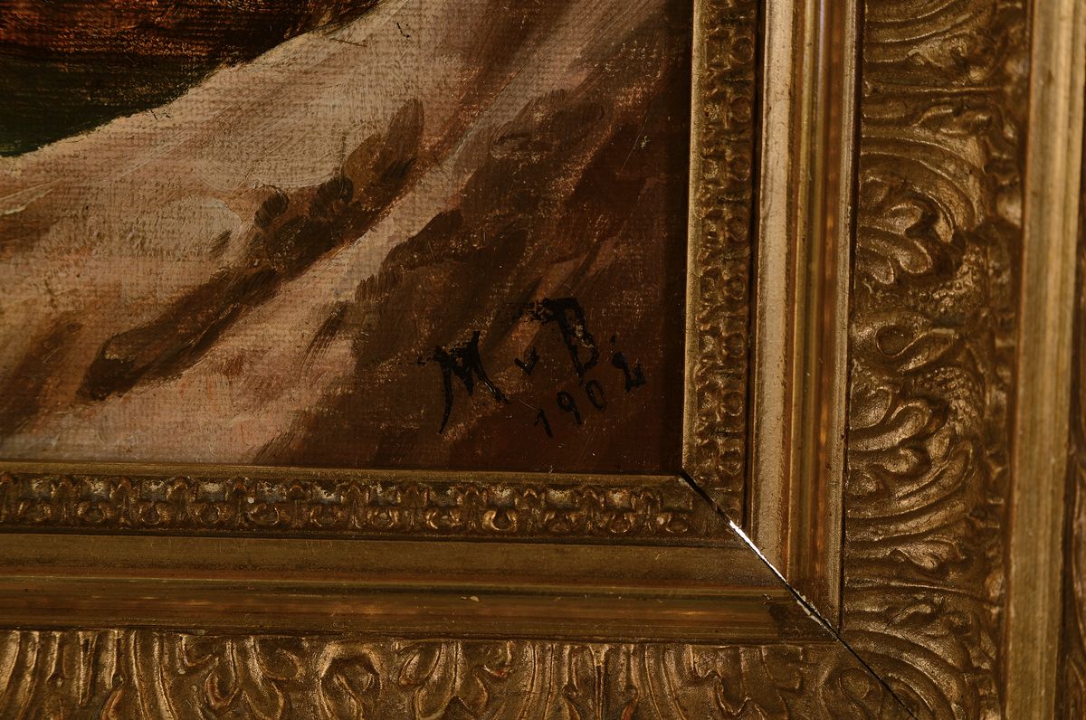 Detail a: Monogrammist M.v.B., datiert 1902, Küstenlandschaft mit Fischerbooten, Öl/Lwd, rechts unten monogrammiert, ca. 18x34cm, R. ca. 27x44cm