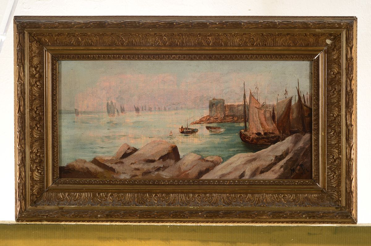 Detail k: Monogrammist M.v.B., datiert 1902, Küstenlandschaft mit Fischerbooten, Öl/Lwd, rechts unten monogrammiert, ca. 18x34cm, R. ca. 27x44cm