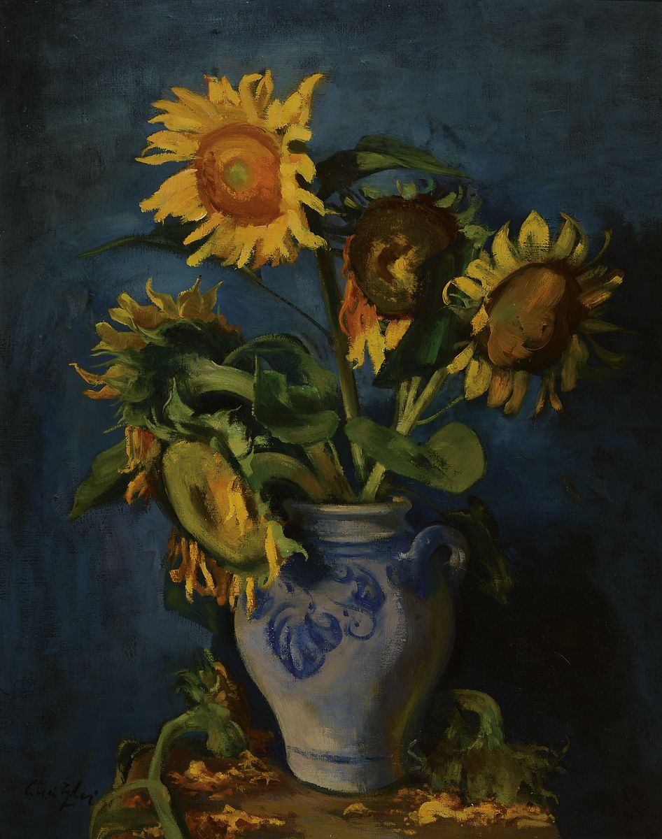 Willi Egler, 1887 Bad Rappenau-1953 Karlsruhe, Sonnenblumen im Westerwälder Steinzeugkrug, Öl/Lwd, links unten signiert, ca. 100x80cm, R. ca. ...