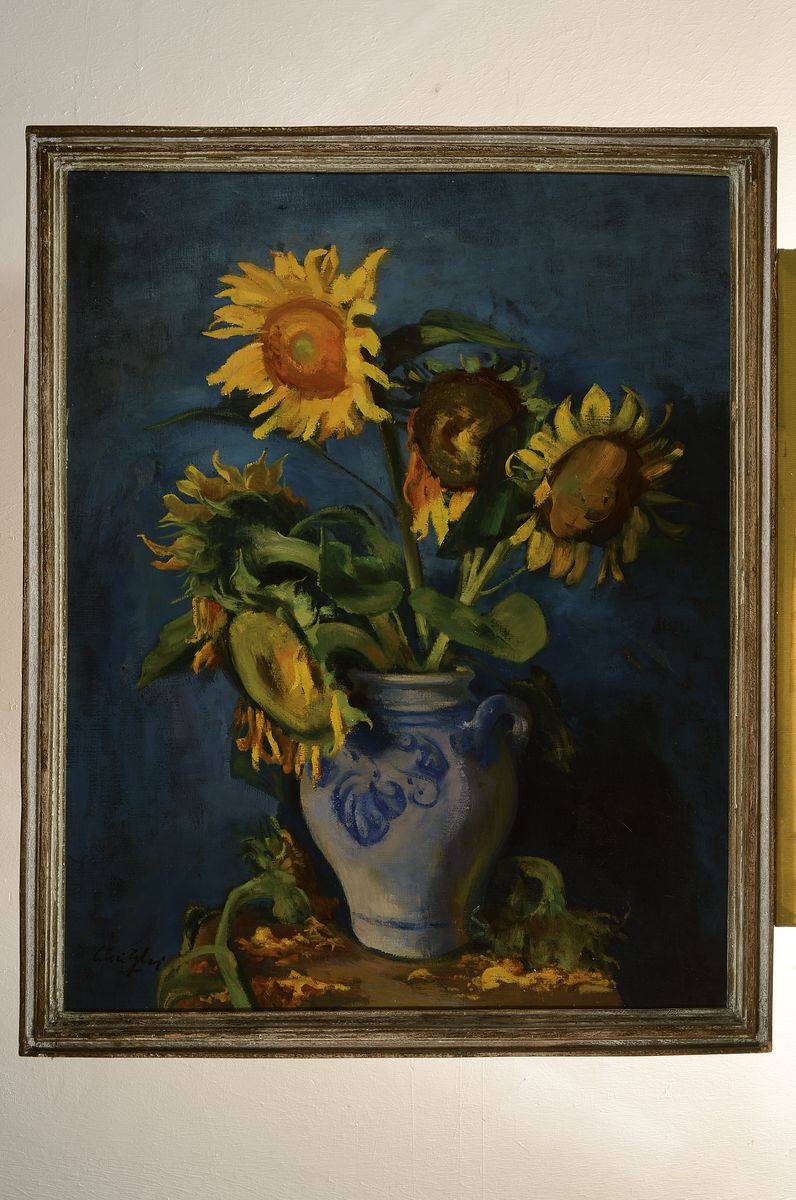 Detail k: Willi Egler, 1887 Bad Rappenau-1953 Karlsruhe, Sonnenblumen im Westerwälder Steinzeugkrug, Öl/Lwd, links unten signiert, ca. 100x80cm, R. ca. ...
