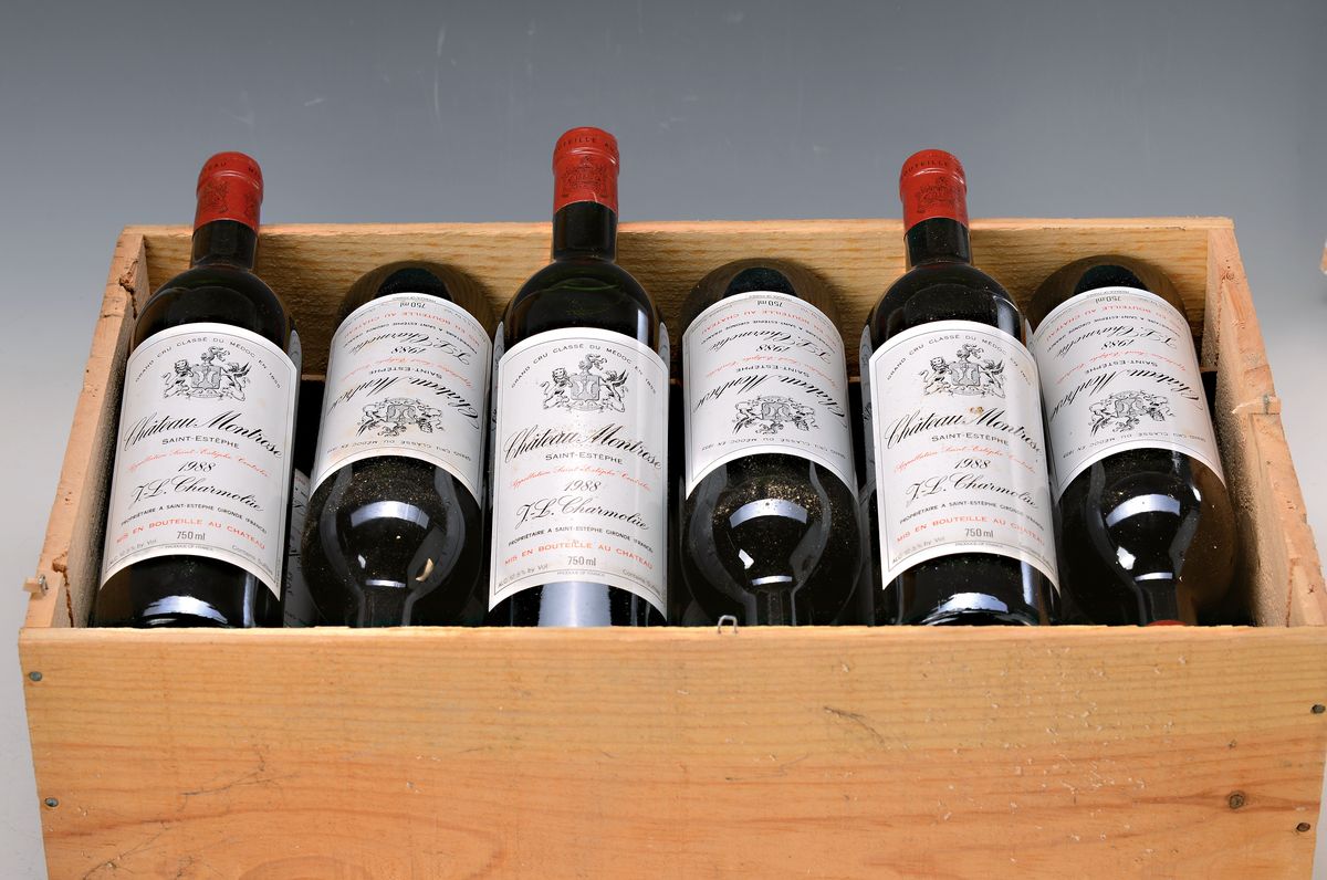 12 Flaschen Chateau Montrose, Saint- Estèphe, 1988, J. L. Charmolue, 75cl, 12.5%, Füllstand ca. top shoulder, guter Erhaltungszustand, unverkostet, ...