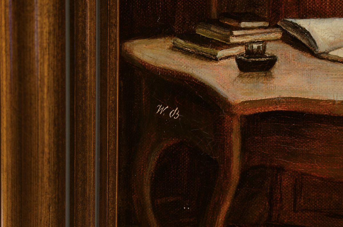 Detail a: Wilhelm Johann Bader, 1855-1920 Darmstadt, Grillparzer am Schreibtisch, rückseitig auf Etikett so betitelt, Öl/Lwd, seitlich links monogrammiert, ...