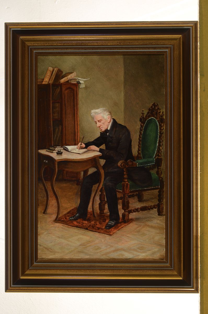 Detail k: Wilhelm Johann Bader, 1855-1920 Darmstadt, Grillparzer am Schreibtisch, rückseitig auf Etikett so betitelt, Öl/Lwd, seitlich links monogrammiert, ...
