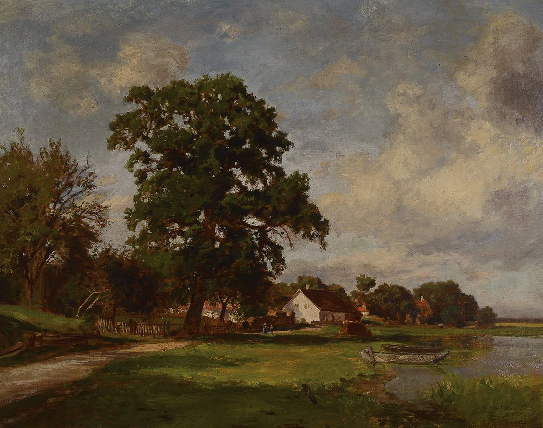 Philipp Röth, Zeichner und Maler des Impressionismus und der Spätromantik, sommerliche Dorfansicht am See, stimmungsvolle sonnige Landschaft mit ...