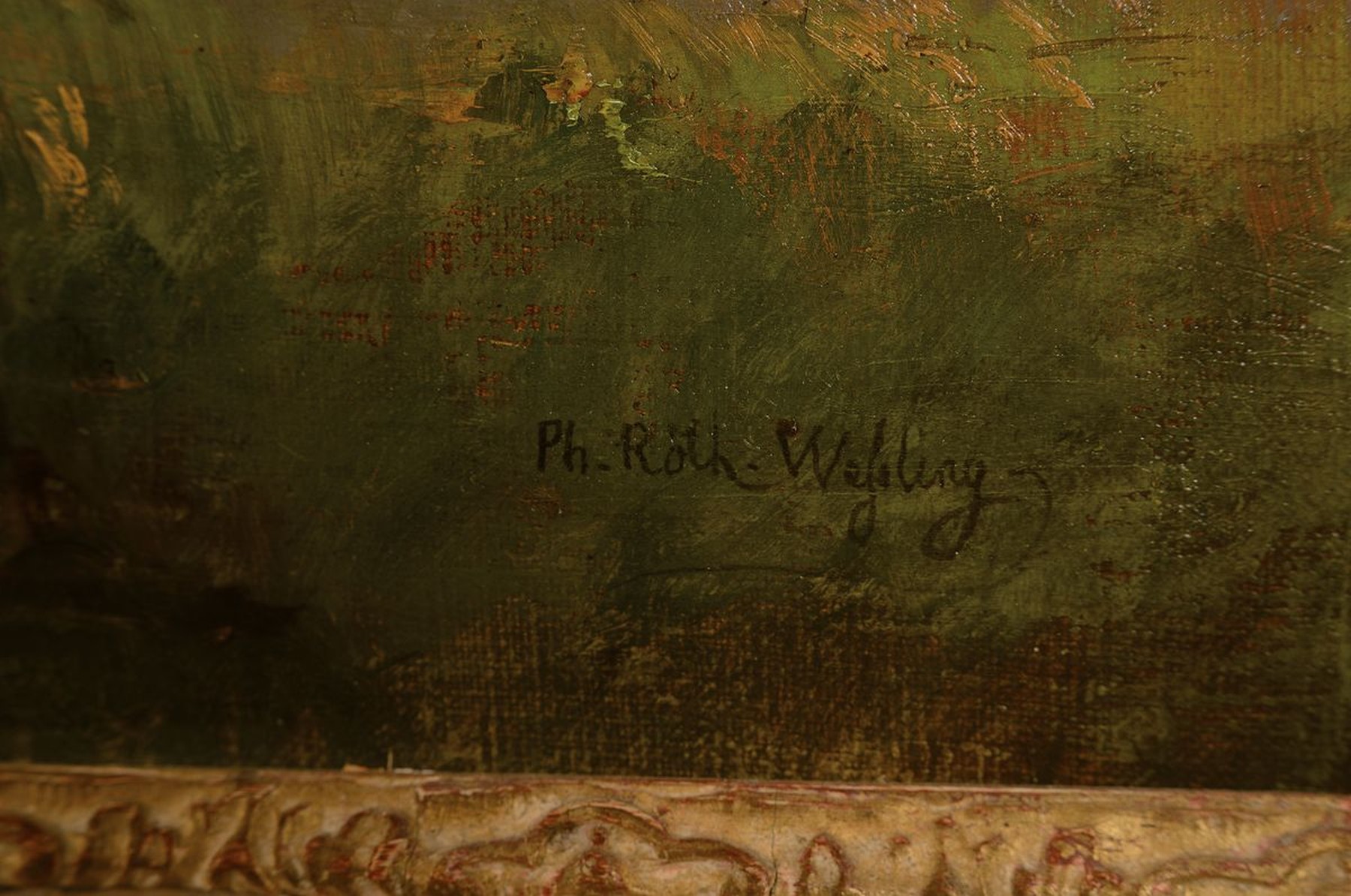Detail a: Philipp Röth, Zeichner und Maler des Impressionismus und der Spätromantik, sommerliche Dorfansicht am See, stimmungsvolle sonnige Landschaft mit ...